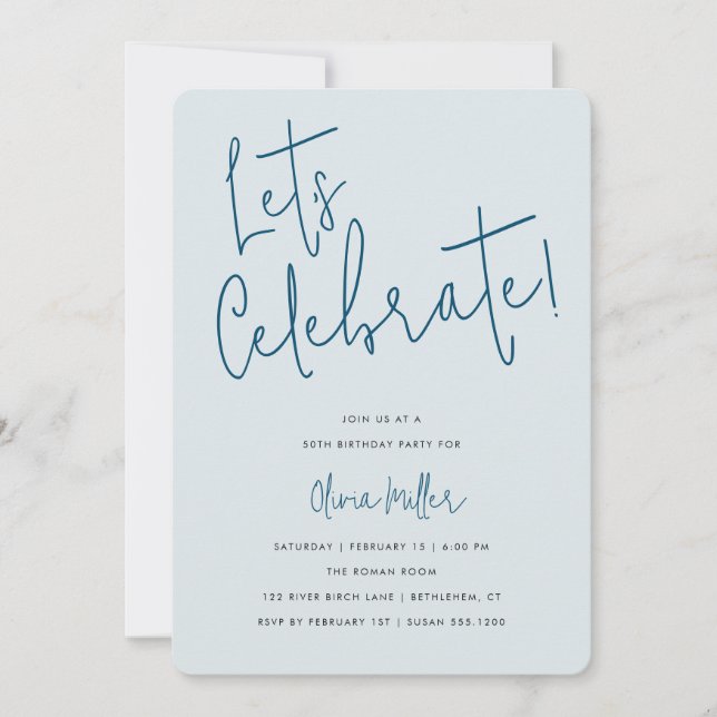Feiern wir Minimalistisches Script, Blue Birthday Einladung (Vorderseite)