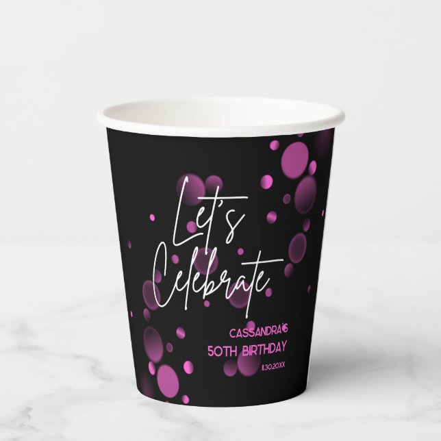 Feiern wir Pink Bokeh Gradient Black Birthday Pappbecher (Rückseite)