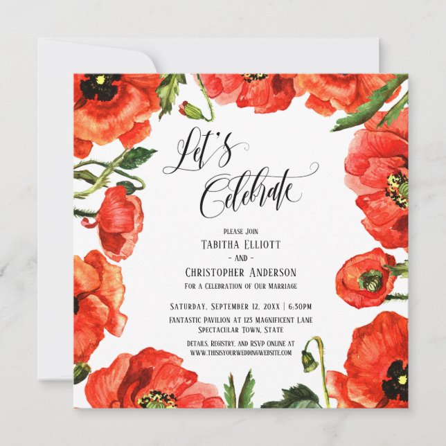 Feiern wir Red Poppies Wreath Empfang Einladung (Vorderseite)