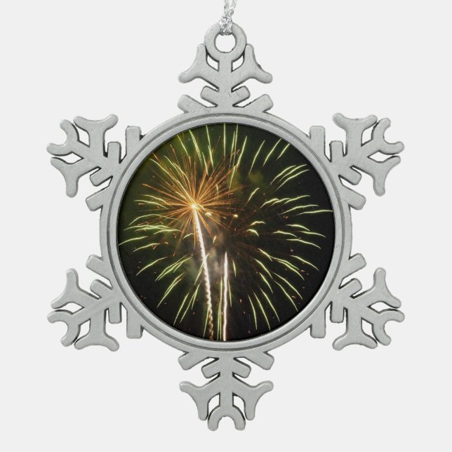 Feiern zum grünen und goldenen Feuerwerk Schneeflocken Zinn-Ornament (Vorderseite)