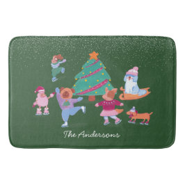 Feiernde Hunde Ice Skaten Grün Weihnachten Badematte