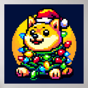 Feiernder Hund - Niedliche Pixel Art Weihnachtsbel Poster