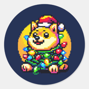 Feiernder Hund - Niedliche Pixel Art Weihnachtsbel Runder Aufkleber