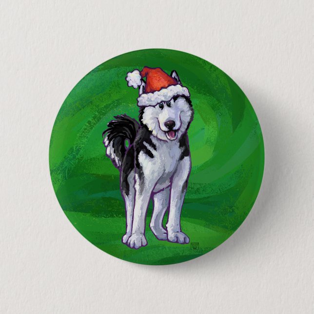 Feiernder Husky in Weihnachtsmannmütze auf Green Button (Vorderseite)