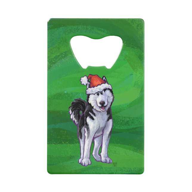 Feiernder Husky in Weihnachtsmannmütze auf Green Kreditkarten Flaschenöffner (Vorderseite)