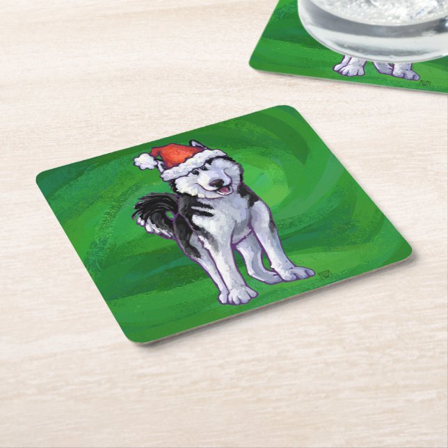 Feiernder Husky in Weihnachtsmannmütze auf Green Rechteckiger Pappuntersetzer (angewinkelt)
