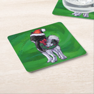 Feiernder Husky in Weihnachtsmannmütze auf Green Rechteckiger Pappuntersetzer