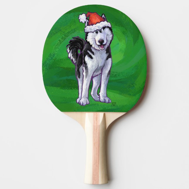 Feiernder Husky in Weihnachtsmannmütze auf Green Tischtennis Schläger (Vorderseite)