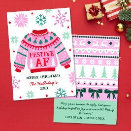 Feierndes Ugly Sweater & Snowflakes Paar Feiertagskarte