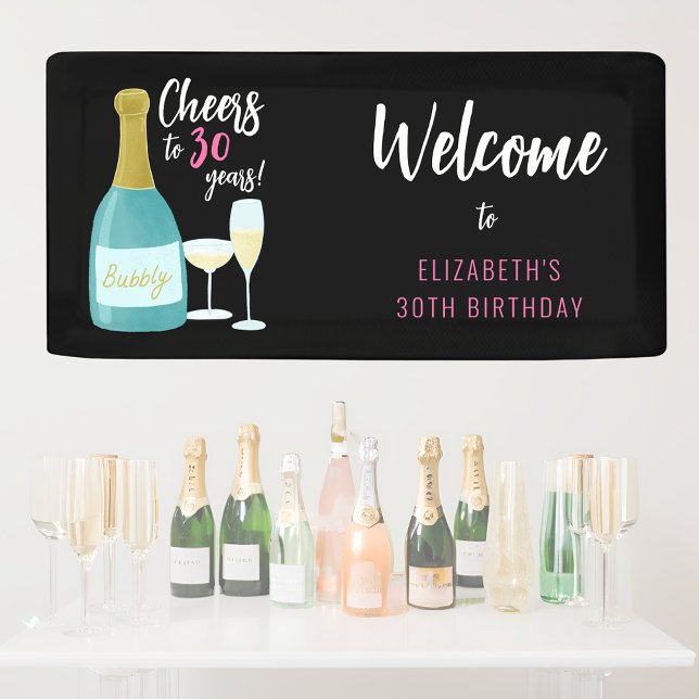 Feiert bis 30 Jahre blubbly 30. Geburtstag Party Banner (Cheers to 30 years welcome banner for 30th birthday with champagne bubbly bottles and glasses.)