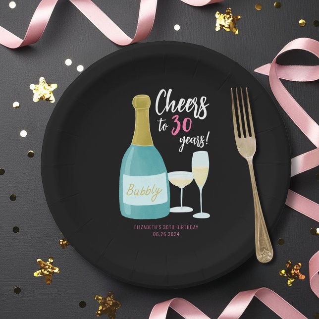 Feiert bis 30 Jahre blubbly 30. Geburtstag Party Pappteller (Cheers to 30 Years, 30th birthday party plates & bowls with champagne illustration.)