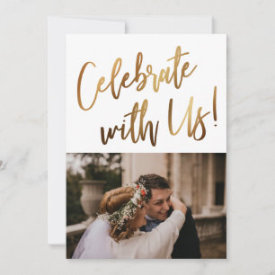 Feiert Mit Uns! Minimal Gold Handschrift Foto Einladung