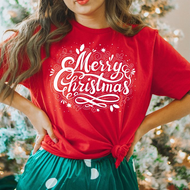 Feiertag Frohe Weihnachten in weißer Schrift T-Shirt (Holiday Merry Christmas in White Script T-Shirt)