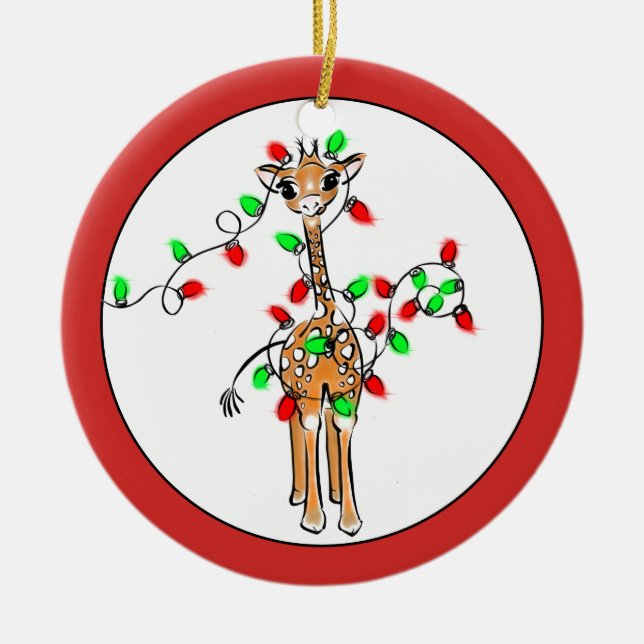 Feiertag Giraffe - blinkende rote und grüne Lichte Keramik Ornament (Vorne)
