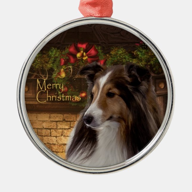 Feiertag Sheltie Verzierung Silbernes Ornament (Vorne)
