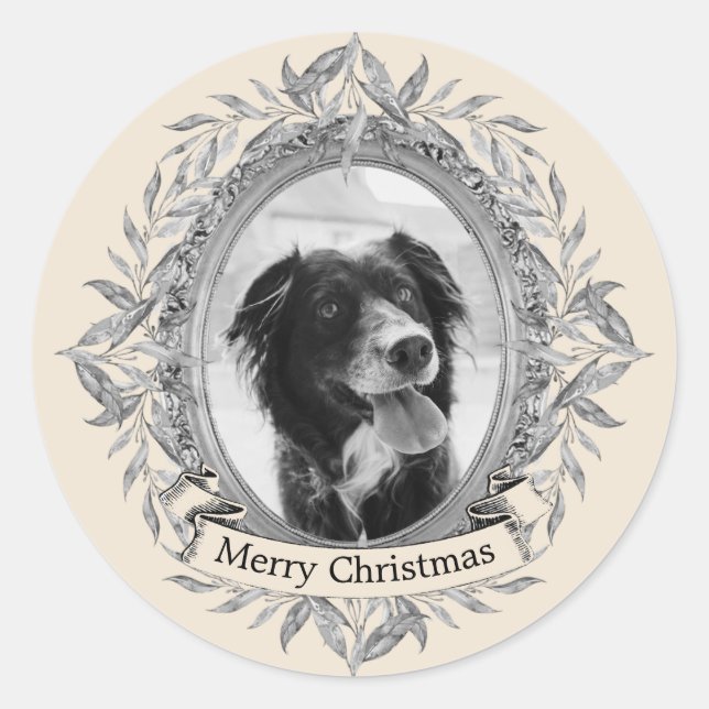 Feiertag Silver Gray Blätter Kraut Foto Runder Aufkleber (Vorderseite)