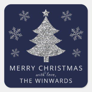 Feiertags Blau & Silber Glitter Weihnachtsbaum Quadratischer Aufkleber