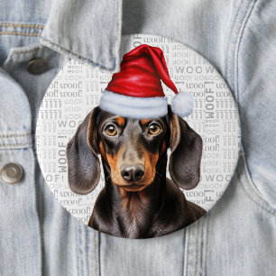 Feiertags-Dachshund-Santa-Hund auf Woof-Hintergrun Button