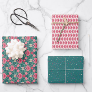 Feiertags-Geschenkpapier-Set – Herzen und Blumen Geschenkpapier Set