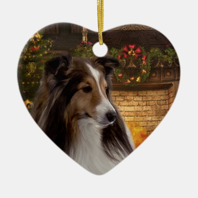 Feiertags-Herz Sheltie Keramikornament (Vorne)