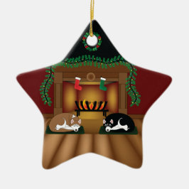 Feiertags-Huskies, der durch die Kamin-Verzierung Keramikornament