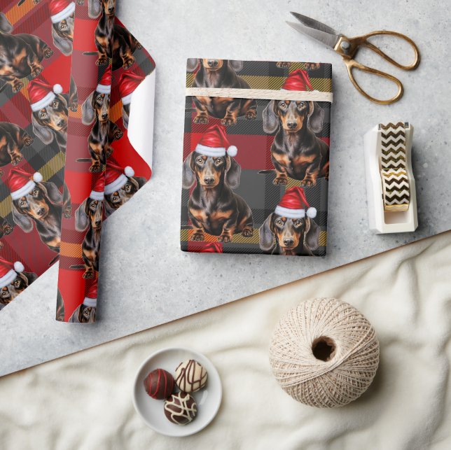 Feiertags-Karomuster glatter Dachshund Weihnachtsm Geschenkpapier (Kunsthandwerk)