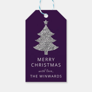 Feiertags-Lila- und Silber-Glitter-Weihnachtsbaum Geschenkanhänger