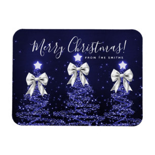 Feiertags Navy Blau Weihnachtsbäume Gruß Silber  Magnet