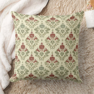 Feiertags-Rot Grün Beige Vintage Damast Kissen