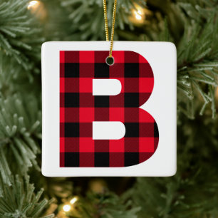 Feiertags-Rot und Schwarz Buffalo Karo Monogramm B Keramikornament