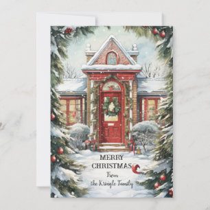Feiertags-Rote-Tür-Kunst-Weihnachts-Flat-Card Feiertagskarte