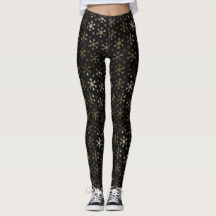 Feiertags-Schwarz & Gold-Metall-Weihnachts-Schneef Leggings