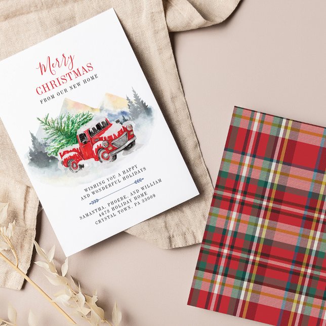 Feiertags-Umzug Adressänderung Weihnachten (Plaid Red Truck Christmas Holiday Moving Announcement)