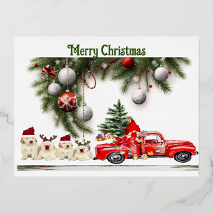 Feiertags-Welpen & Roter LKW Weihnachtsfreude Folien Feiertagspostkarte