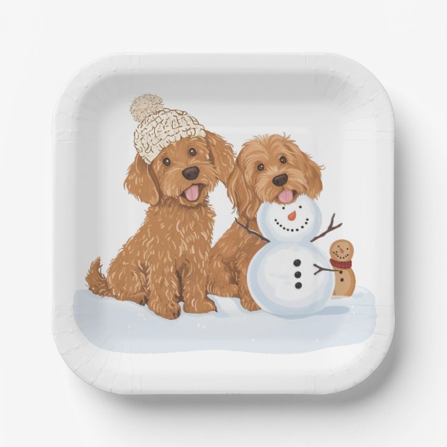 Feiertags-Winter-Goldendoodle-Hund-Schneemann Pappteller (Vorderseite)