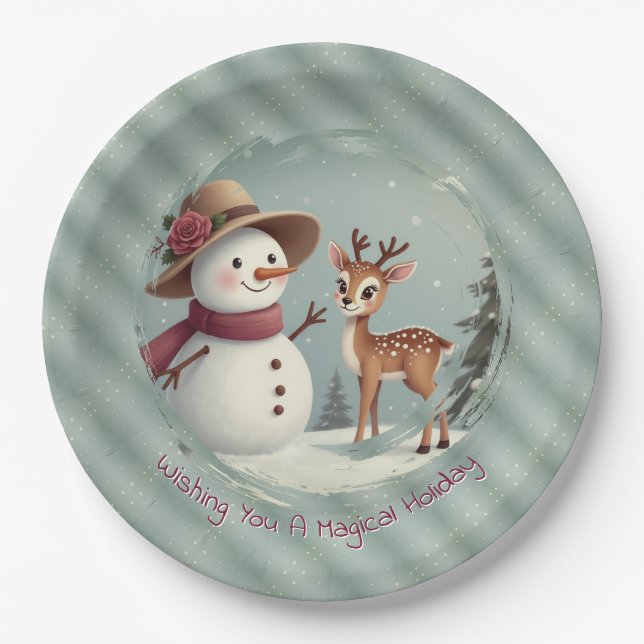 Feiertagsdesign Schneemann und Hirsch Pappteller (Vorderseite)