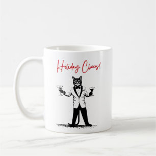 Feiertagsgrüße! Katze im Smoking beim Toast Kaffeetasse