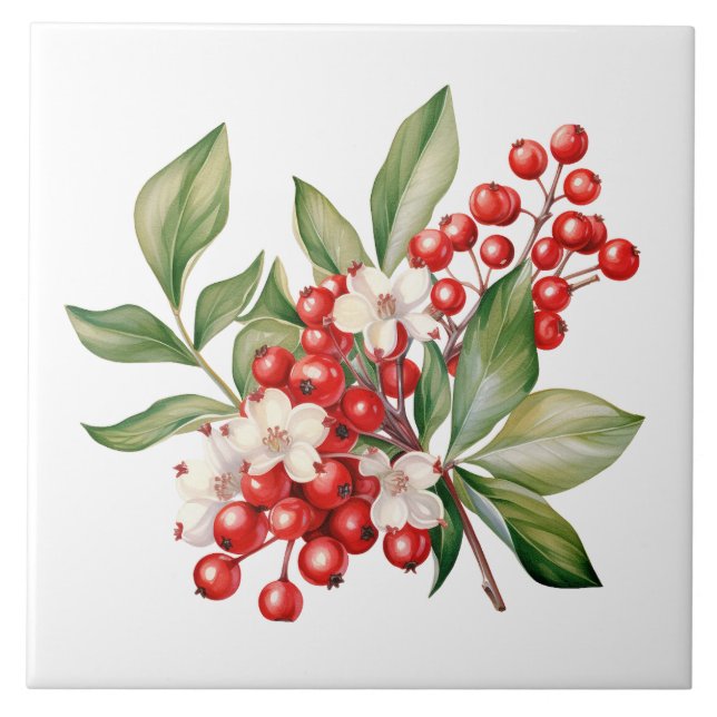 Feiertagsrote-Beeren-Blumen-Keramikfliese Fliese (Vorderseite)
