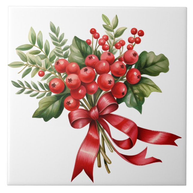 Feiertagsrote-Beeren-Blumen-Keramikfliese Fliese (Vorderseite)