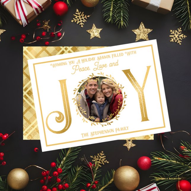 Feiertagssaison für Liebe und Freude Feiertagskarte ("Wishing You A Season ... Peace Love and Joy" Faux Foil Photo White Christmas Holiday Flat Card )