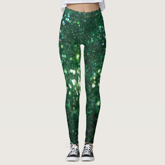 Feiertagsschein Glitz-Grün-Glitzerdruck Leggings (Vorderseite)