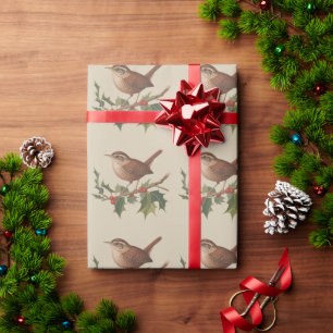 Feiertagsvogel Zaunkönig auf Stechpalmenzweig Weih Geschenkpapier