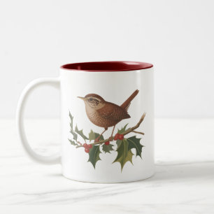 Feiertagsvogel Zaunkönig auf Stechpalmenzweig Weih Zweifarbige Tasse