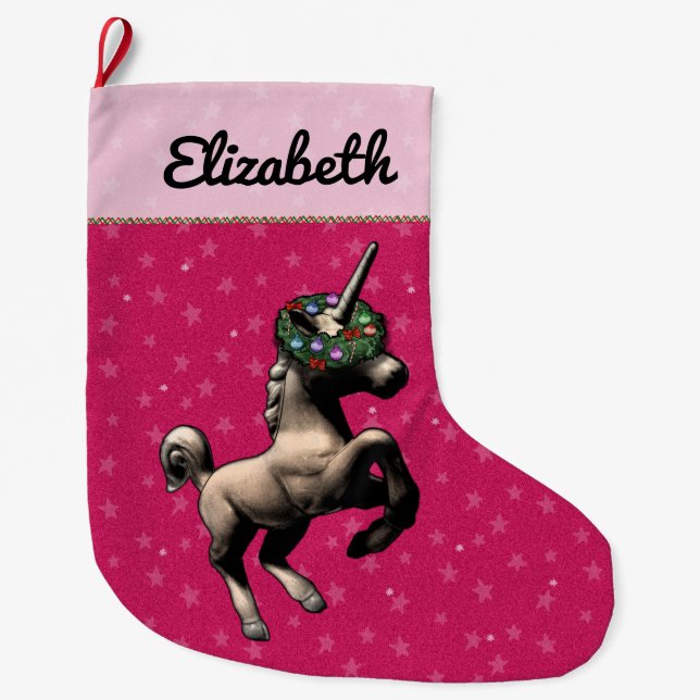 "Feiertagunicorn-" WeihnachtsStrumpf (Rosa) Großer Weihnachtsstrumpf (Vorderseite)