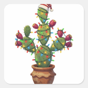 Feigenkaktus mit hellen farbenfrohen Weihnachten Quadratischer Aufkleber