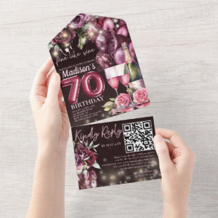 Fein wie Wein 70. Geburtstags-Rsvp QR-Code All In One Einladung