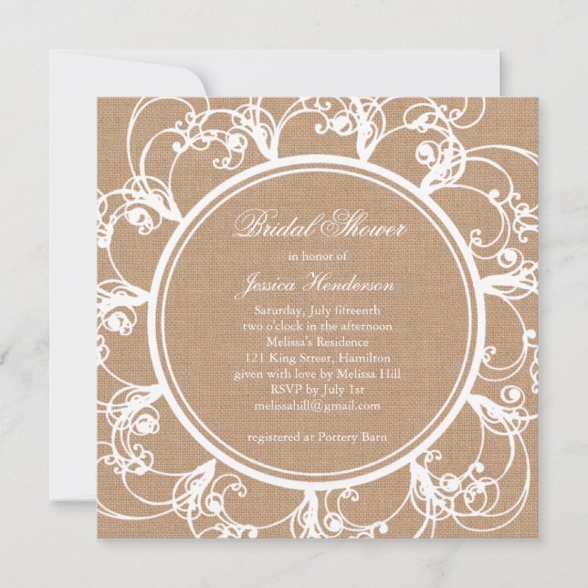 Feine Blumendusche Einladung auf Burlap (Vorderseite)