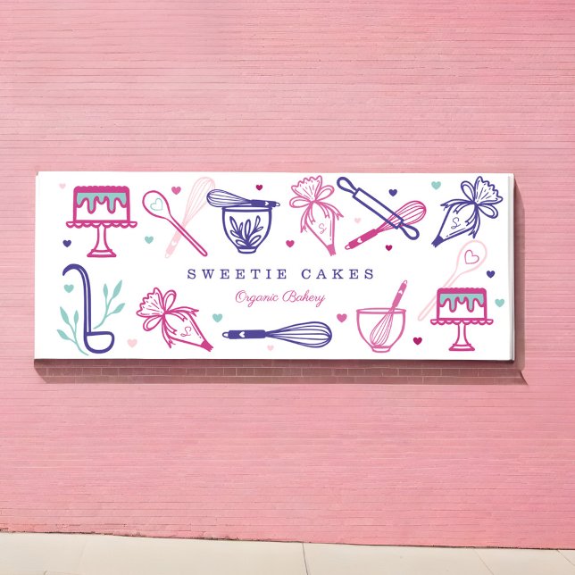 Feine bunte Backwaren & Kochen Utensitis Kuchen Bä Banner (Fun Colorful Baking & Cooking Utensils Cake Bakery Banner)