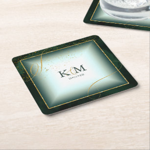 Feine Goldlinien Abstract Hochzeit V3 Smaragd ID86 Rechteckiger Pappuntersetzer