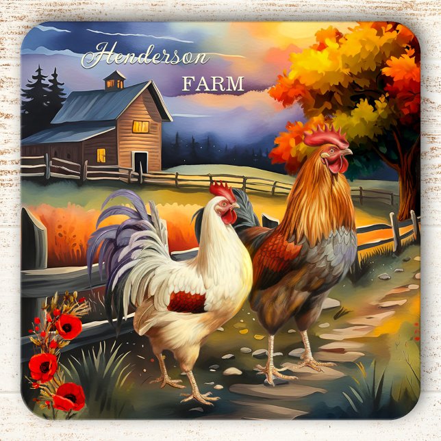 Feine Kunst-Rooster-Hühnerfarm Untersetzer (Coaster featuring a colorful fine art painting of a farm scene with rooster and chicken. )